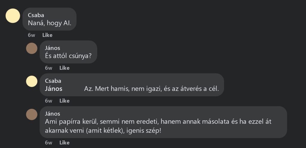 Magyar Facebook beszélgetés az AI‑ról sötét felületen, több üzenet buborék időbélyeggel.