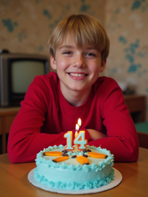 Mosolygó fiú egy asztalnál ül, előtte kék születésnapi torta égő gyertyákkal, amelyek a 14-es számot formázzák.