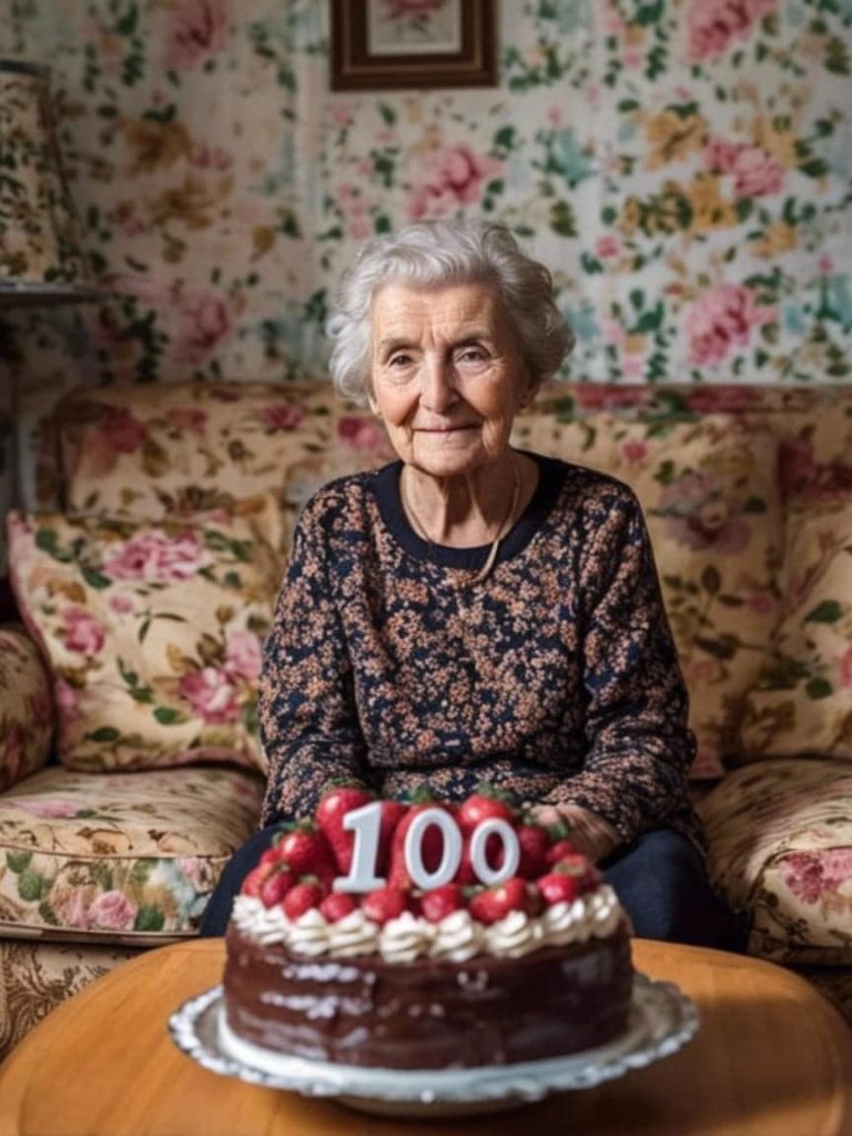 Mosolygó idős nő virágmintás szobában, előtérben eperrel díszített csokoládétorta 100‑as számmal.
